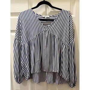 Madewell Blue & White Striped V-Neck Peplum Blouse With Long Balloon Sleeves Siz